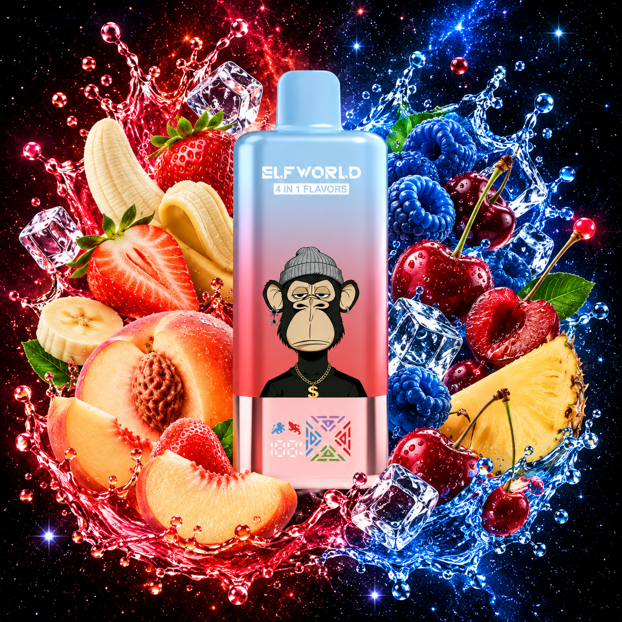 ELF WORLD 4 IN 1 Strawberry Banana - Juicy Peach Ice - Blue Razz Cherry - Lady Killer